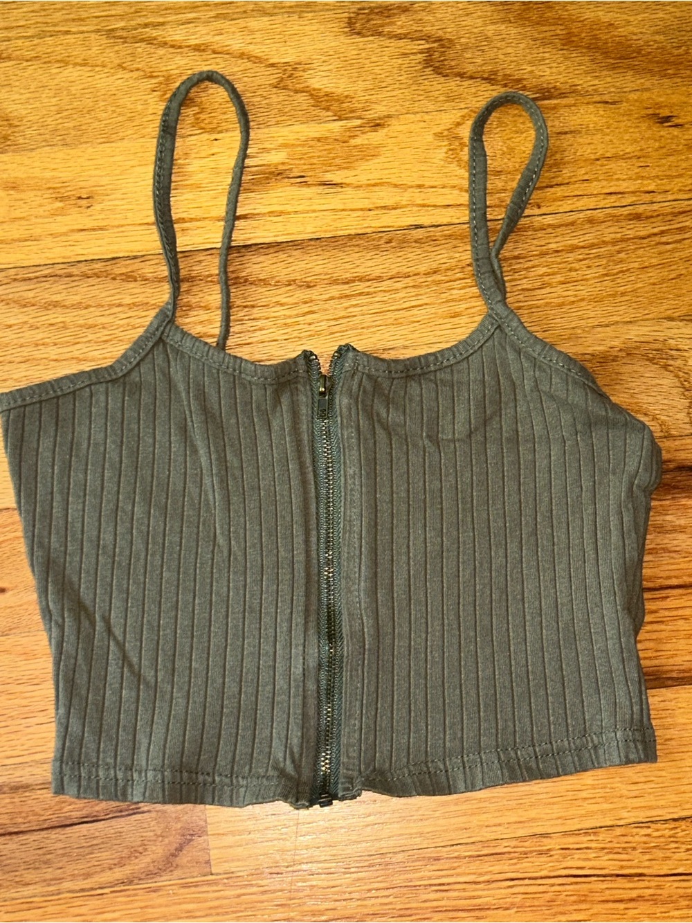 Zaful Olive Ribbed Zip Crop Cami